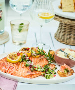 SEARED SALMON PLATTER WITH LEMON CRÈME AND CAPER SALSA