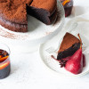 FLOURLESS CHOCOLATE CAKE WITH MULLED WINE POACHED PEARS